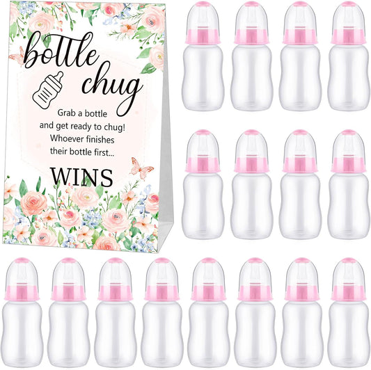 TrelaCo Bottle Chug Baby Shower Game 20 Pcs Baby Bottles Shower Favor with 1 Flowers Theme Sign for Gender Reveal Party Supplies Gifts(Pink)