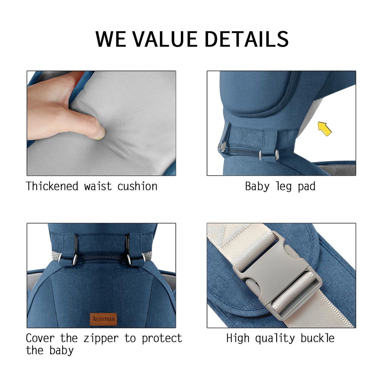 Baby Carrier with Hip Seat, Baby Carrier Newborn to Toddler, 6-in-1 Ways to Carry, All Seasons, Adjustable Baby Holder Carrier for Breastfeeding(Dark Blue)