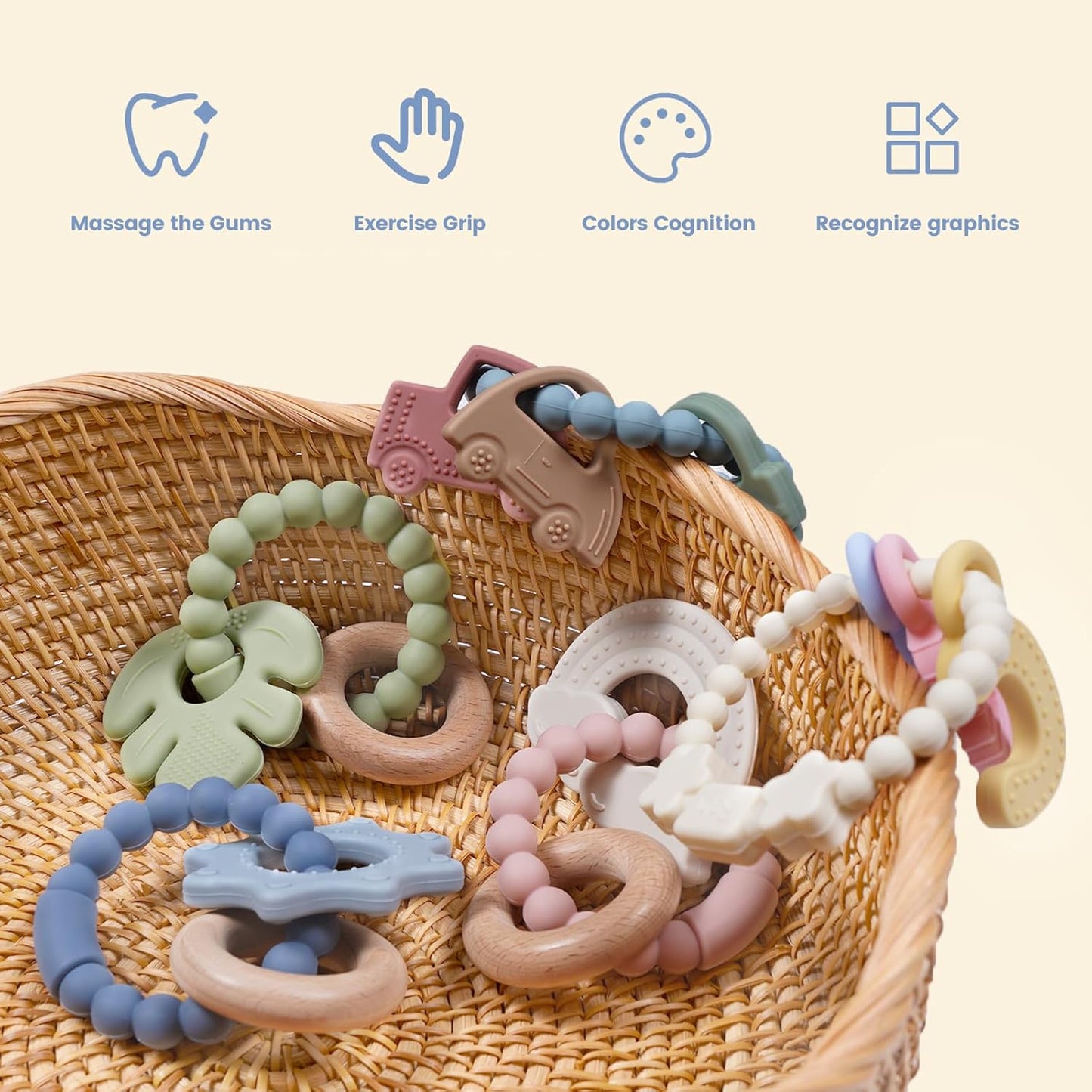 Baby Silicone and Wood Teether Ring Toy,Food Grade Silicone Chew Toys for 3-6,6-12,12-18 Months Newborns,Infants,Toddlers Teething Relief,Safe and Soft,BPA Free,Baby Essentials. (Star)