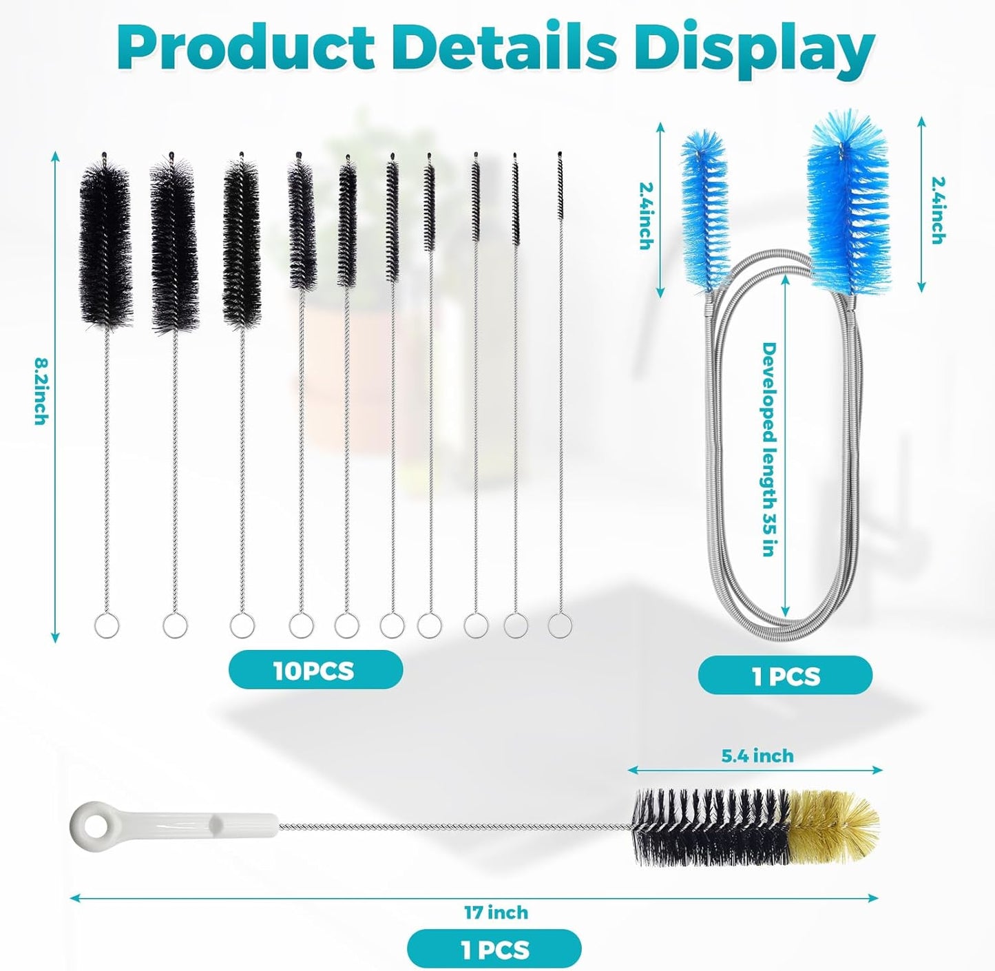 12 Pack Glass Tube Pipe Cleaner Brush Set, for Cleaning Long Neck Bottle, Bent Glass Tube,17-inch Long Handle Brush,8.2-inch Different Diameters Brushes,35-inch Flexible Double Ended Cleaner