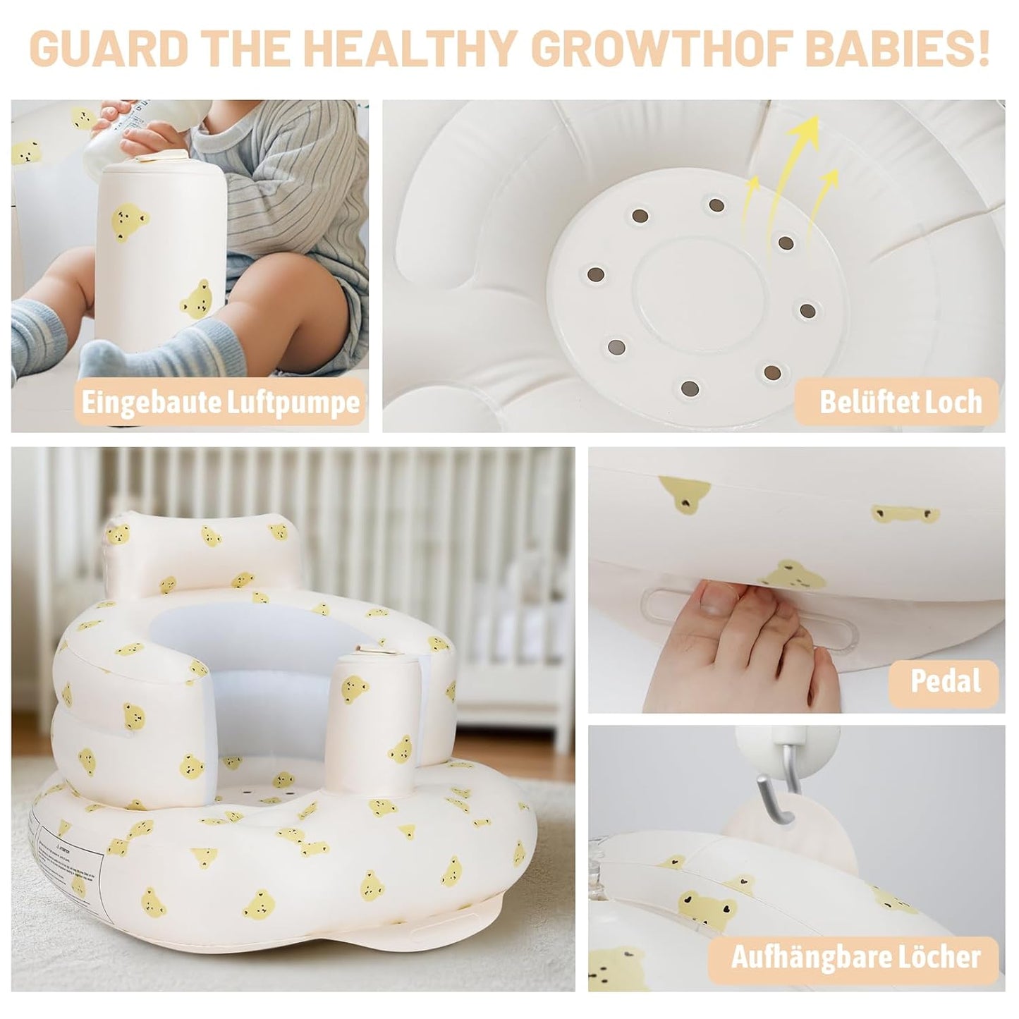 Inflatable Baby Seat, Inflatable Baby Chair for Babies 3 Months and Up, Summer Blow Up Chair with Built in Air Pump, Infant Floor Seats for Learning to Sit, Palying, Camping, Bear Head