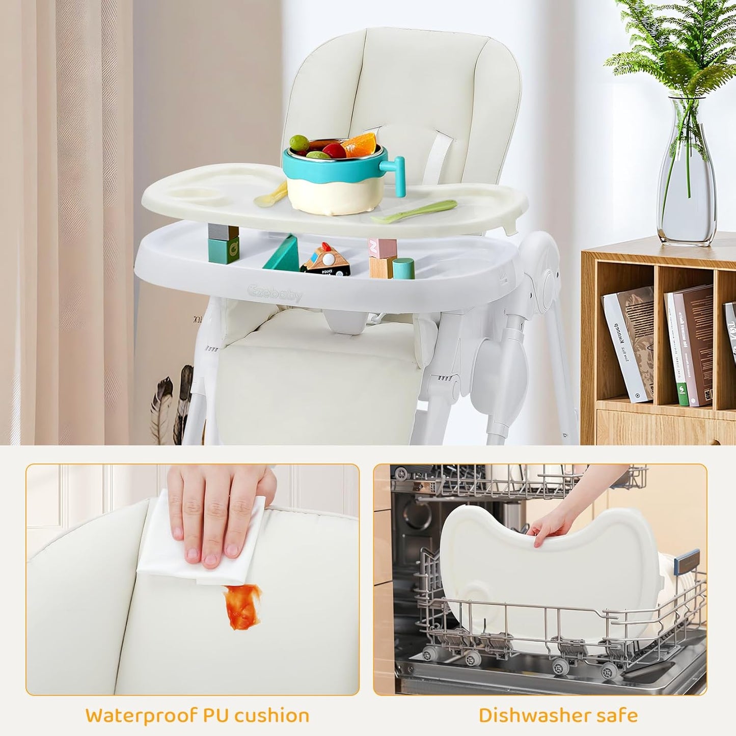 4-in-1 Baby High Chair with Play Bar, 7 Height-Adjustable Children's High Chair with Booster Seat, Stealable and Foldable Children's Chair, Light Beige