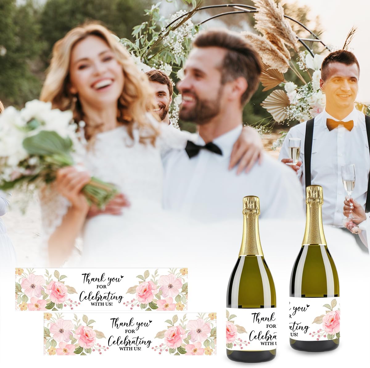 100PCS Wedding Water Bottle Labels Waterproof Greenery Floral Wraps Sticker for Water Bottle Baby Shower Bottle Label for Bridal Shower Party Thanks (Pink)