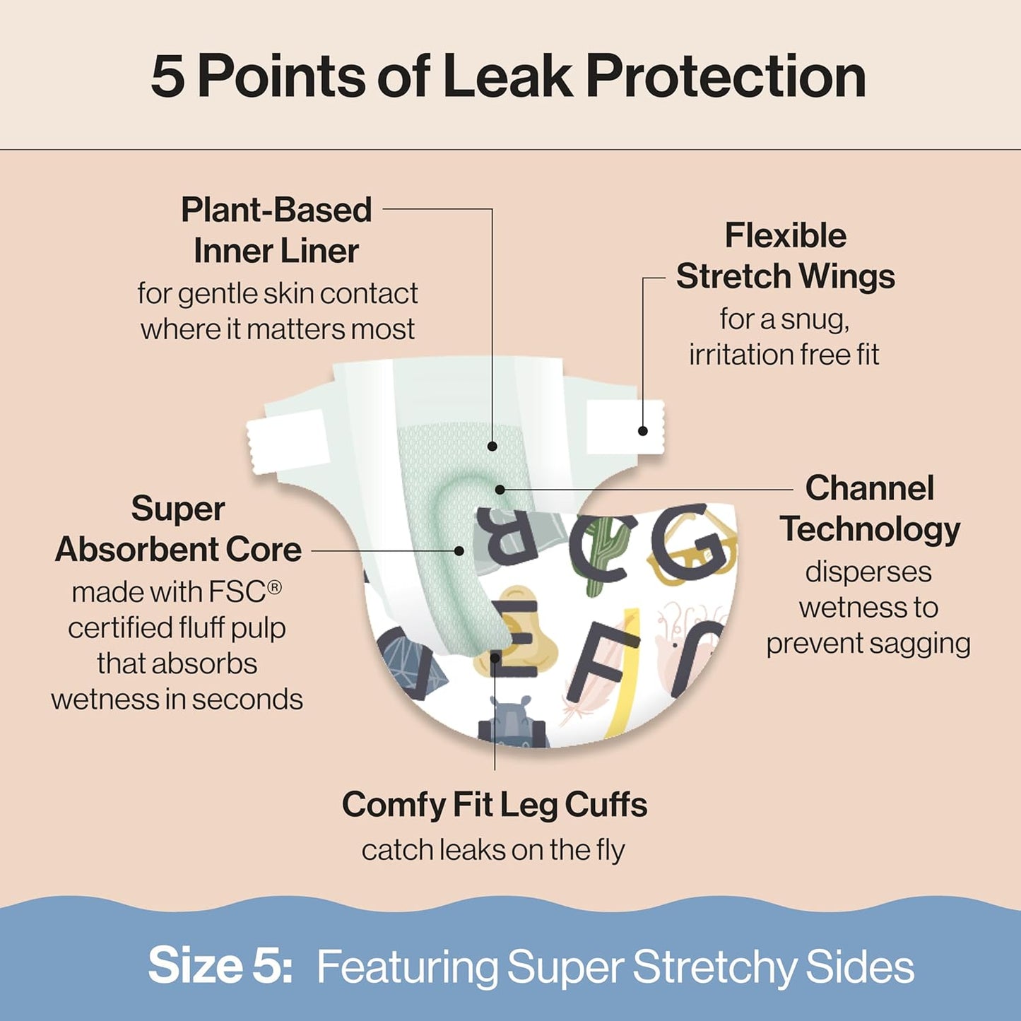 The Honest Company Clean Conscious Diapers for Sensitive Skin, Up to 100% Leakproof Hypoallergenic Fragrance-Free Baby Diapers, Gender Neutral Prints, Super Club Box, Size 5 (27+ lbs), 84 Count