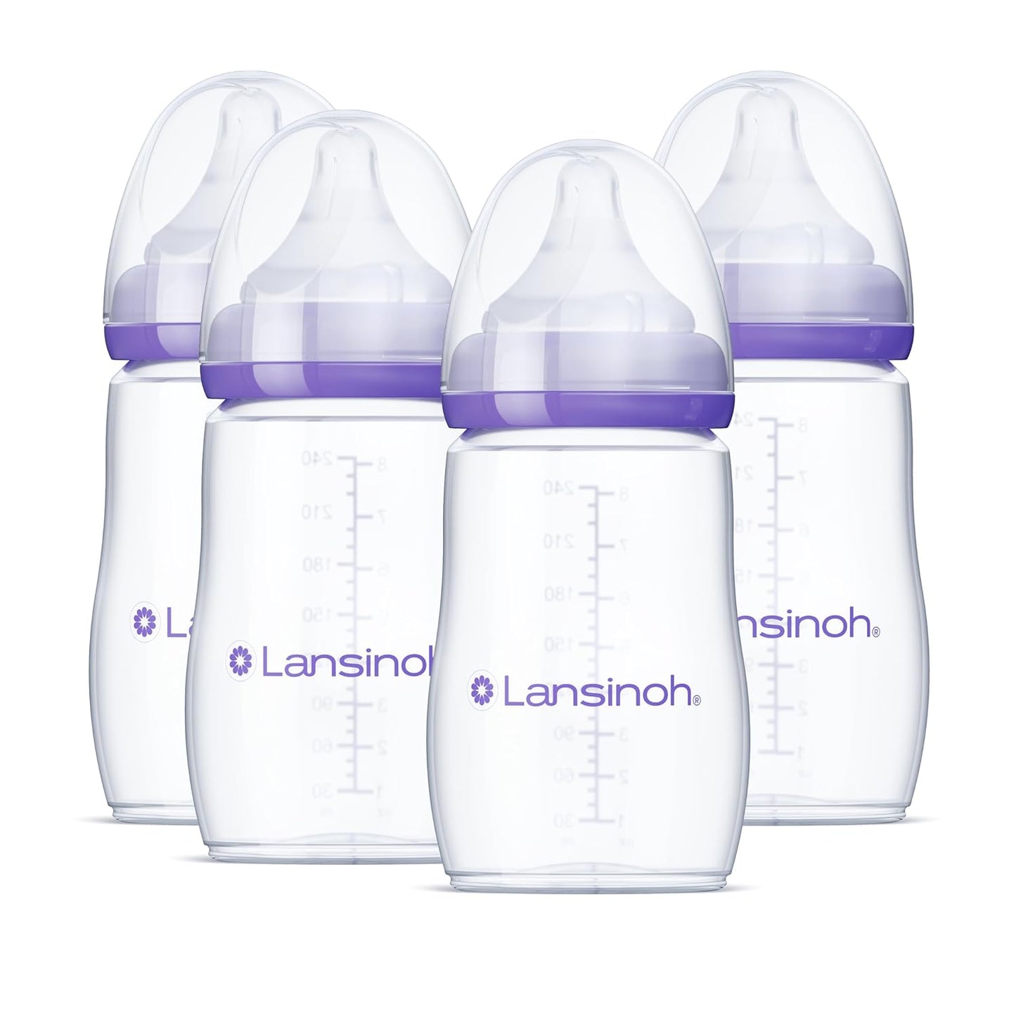 Lansinoh Anti-Colic Baby Bottles for Breastfeeding Babies, 8 Ounces, 4 Count, Includes 4 Medium Flow Nipples, Size M