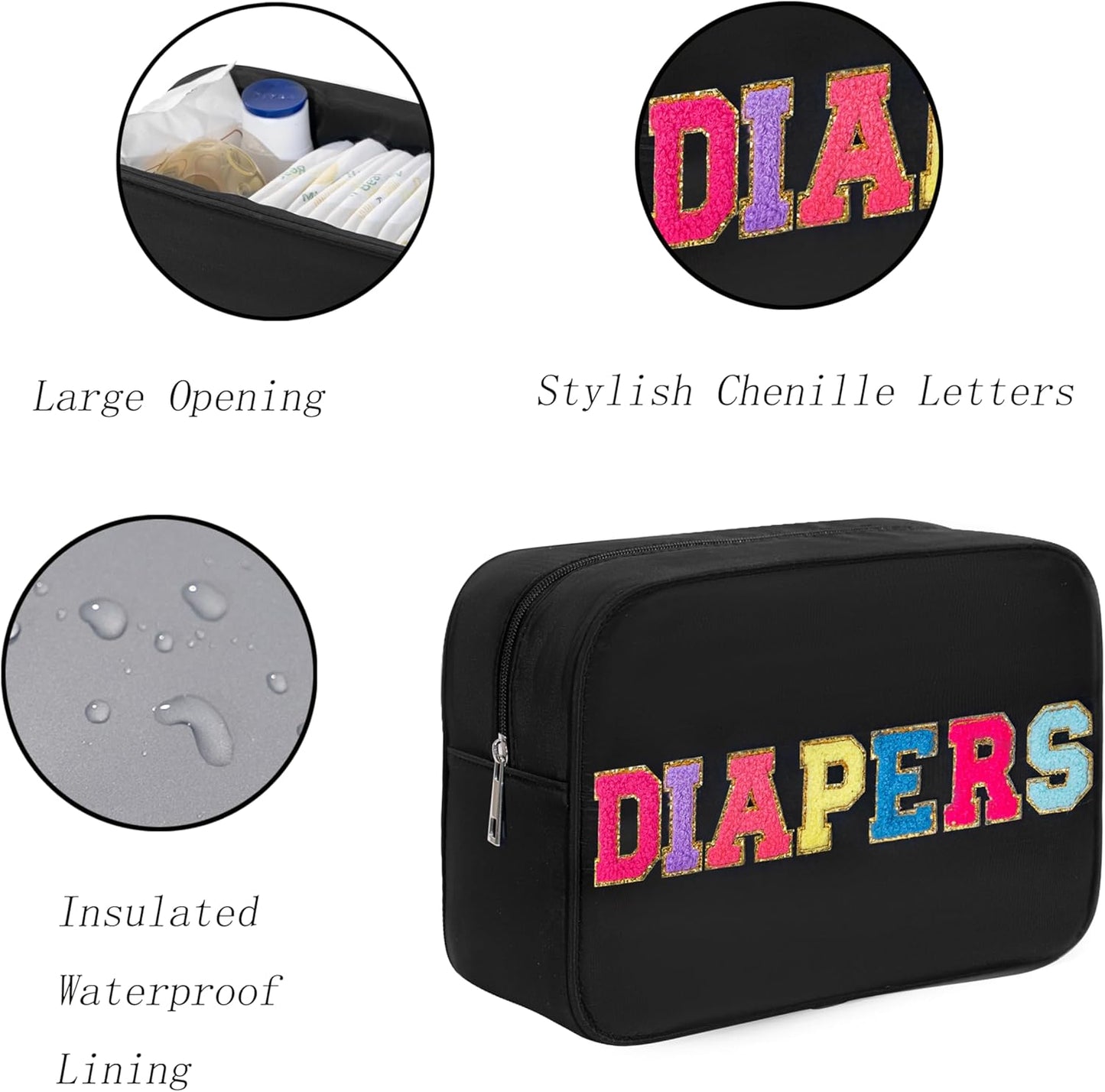 Chenille Letter Insulated Diaper Caddy Bag, Small Diaper Bag Organizer Pouch for Nursery Changing Table, New Born Baby Essential Storage Bag Diaper Pail Baby Shower Gifts for Mom To Be (Black)