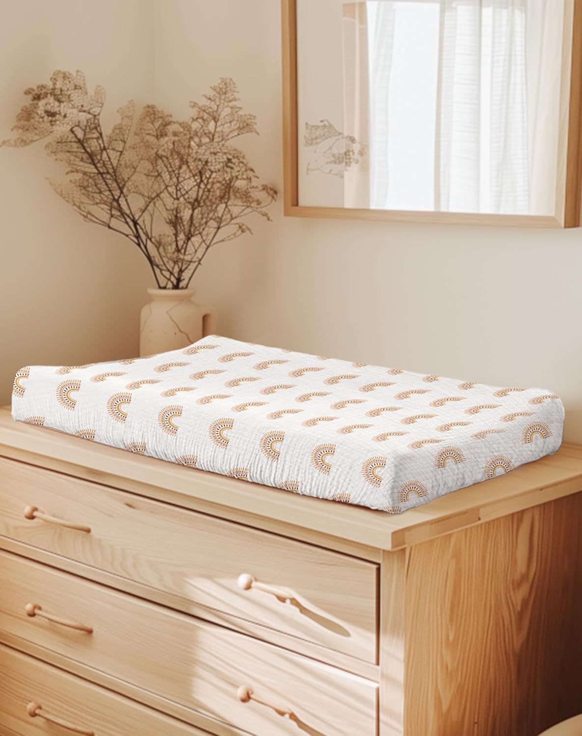 Changing Pad Cover for Baby Girls Boys, Muslin Changing Table Pad Covers with Boho Style, Neutral Color Soft and Breathable (Rainbow)