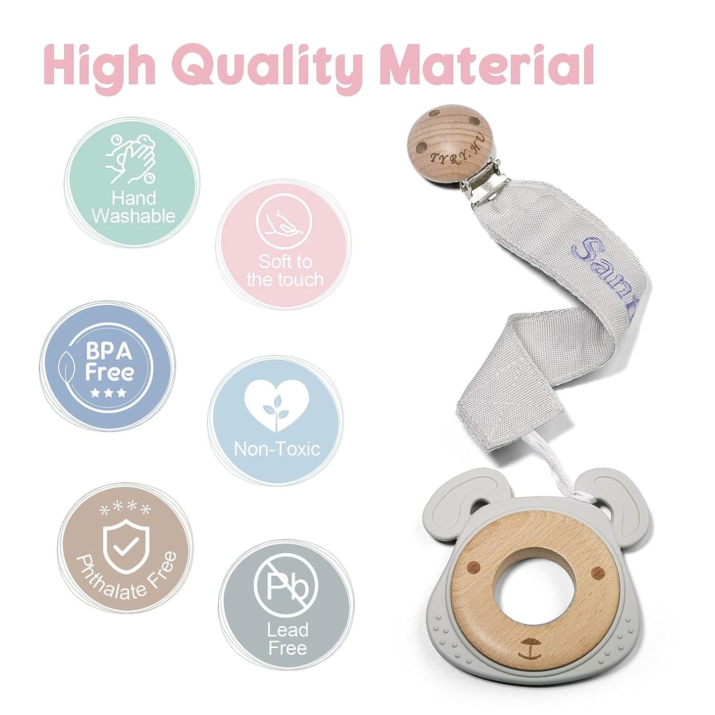 TYRY.HU Personalized Pacifier Clip with Name, Embroidery Webbing Pacifier Holder for Baby Girls and Boys, Neutral Pacifier Leash Universally Fit All Pacifiers & Baby Toys, 2 Pack Baby Gift(Grey, Pink)