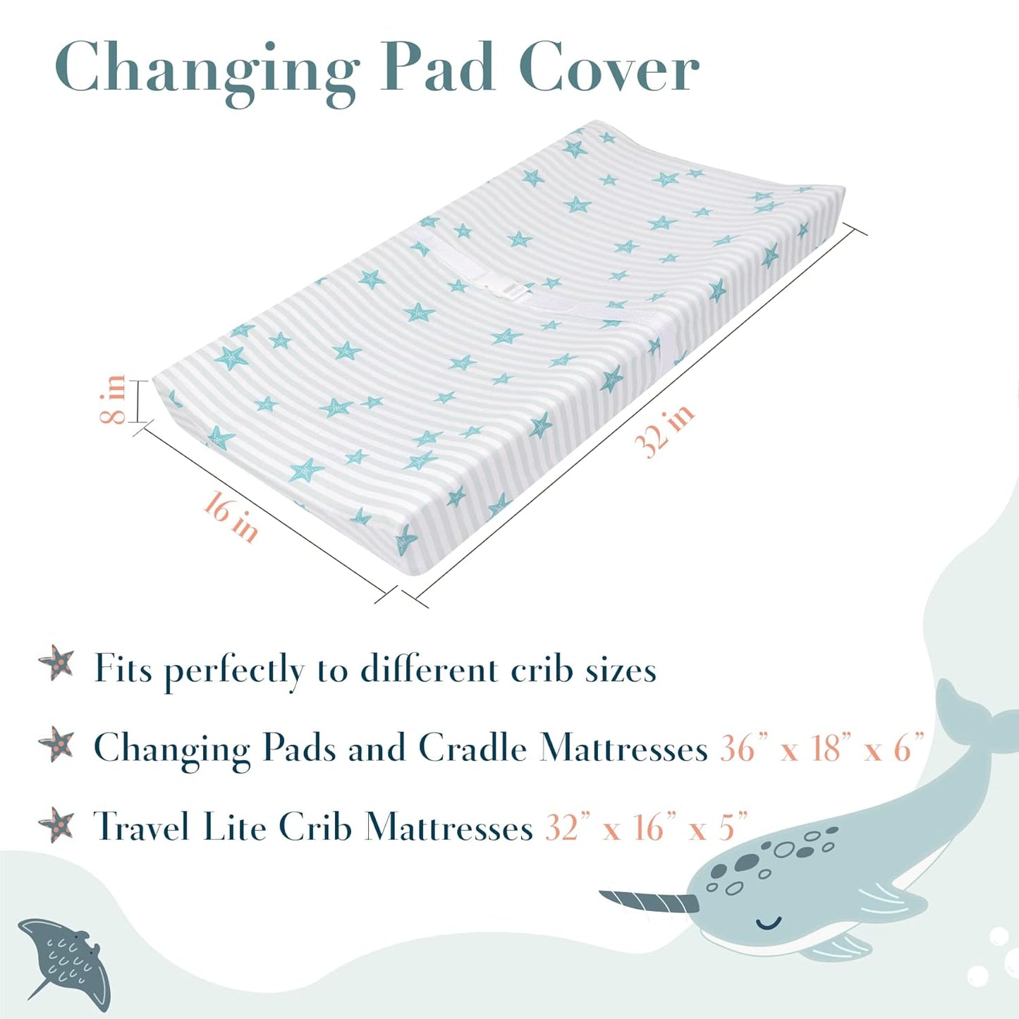 100% Cotton Changing Pad Cover for Baby Boys and Girls, Nautical - Breathable Bassinet, Mini Crib Mattress Fitted Sheets - Ocean Stars, 32"x16" with 8" Deep Pocket, Teal-White, 2 Pack