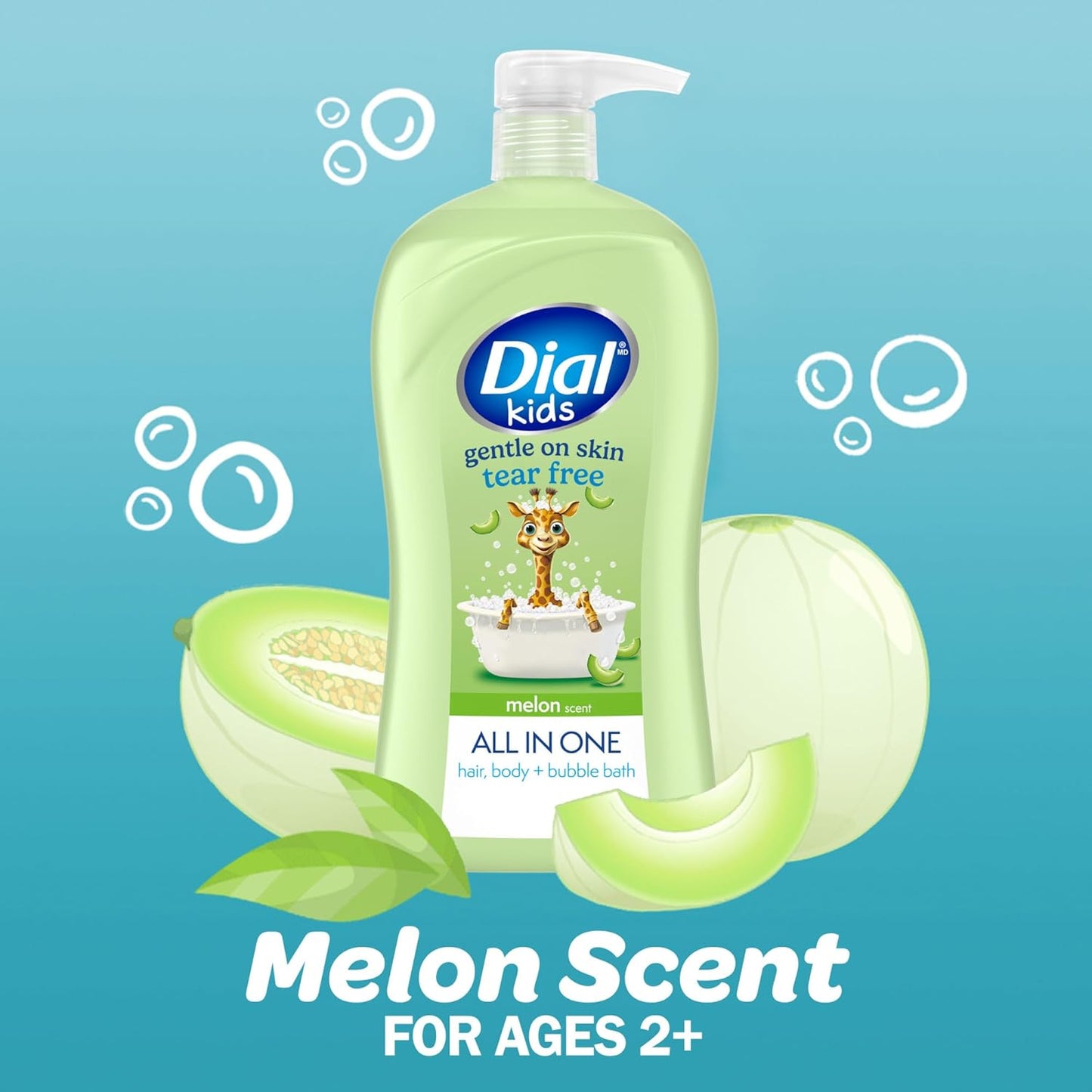 Dial Kids All-in-1 Body Wash + Hair + Bubble Bath, Melon Scent, 32 Fl Oz, Hypoallergenic Body Wash & Shampoo, No Tears Formula for Kids 2+ Years, No Parabens & Silicones
