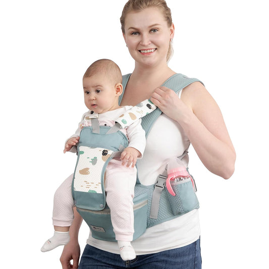 Baby Carrier with Hip Seat for Newborn to Toddler, 6-in-1 Ergonomic Infant Carrier for 0-36 Month Baby, All Positions Soft Breathable Mesh Wrap Carrier with Waist Stool, Baby Holder-Green Print