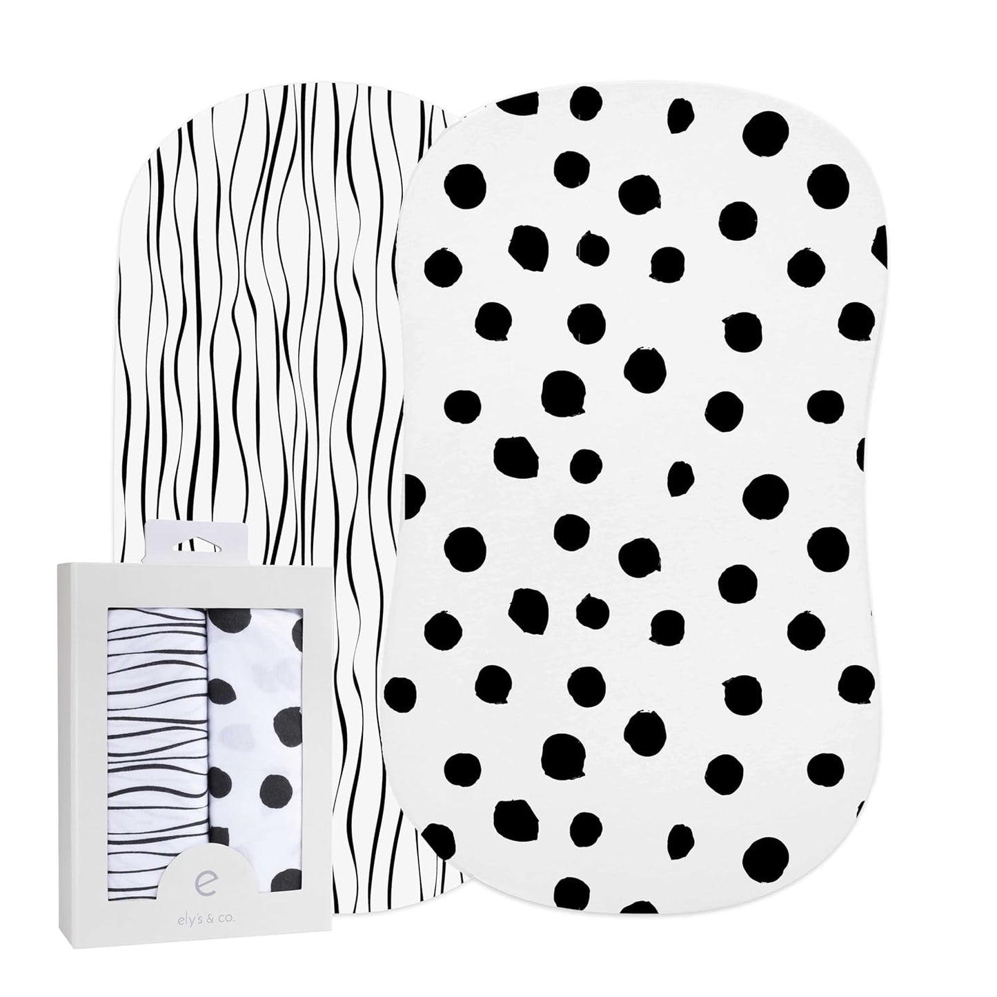 Bassinet Sheet Set 2 Pack 100% Jersey Cotton Black and White Abstract Stripes and Dots by Ely's & Co