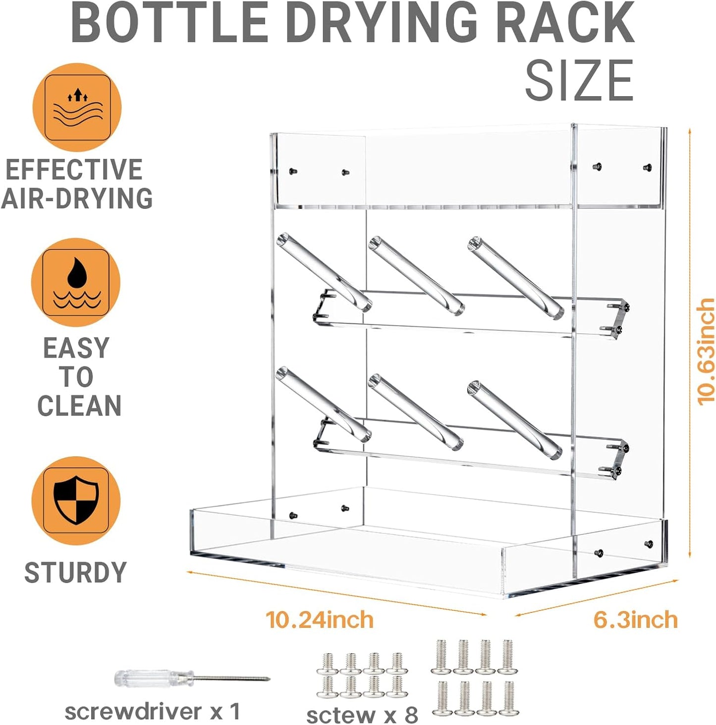 Vertical Baby Bottle Drying Rack, Acrylic Space Saving Baby Bottle Dryer Rack and Baby Accessories Oragnizer for Kitchen Countertop, Quick Drying, Easy Cleanup & Storage, Clear