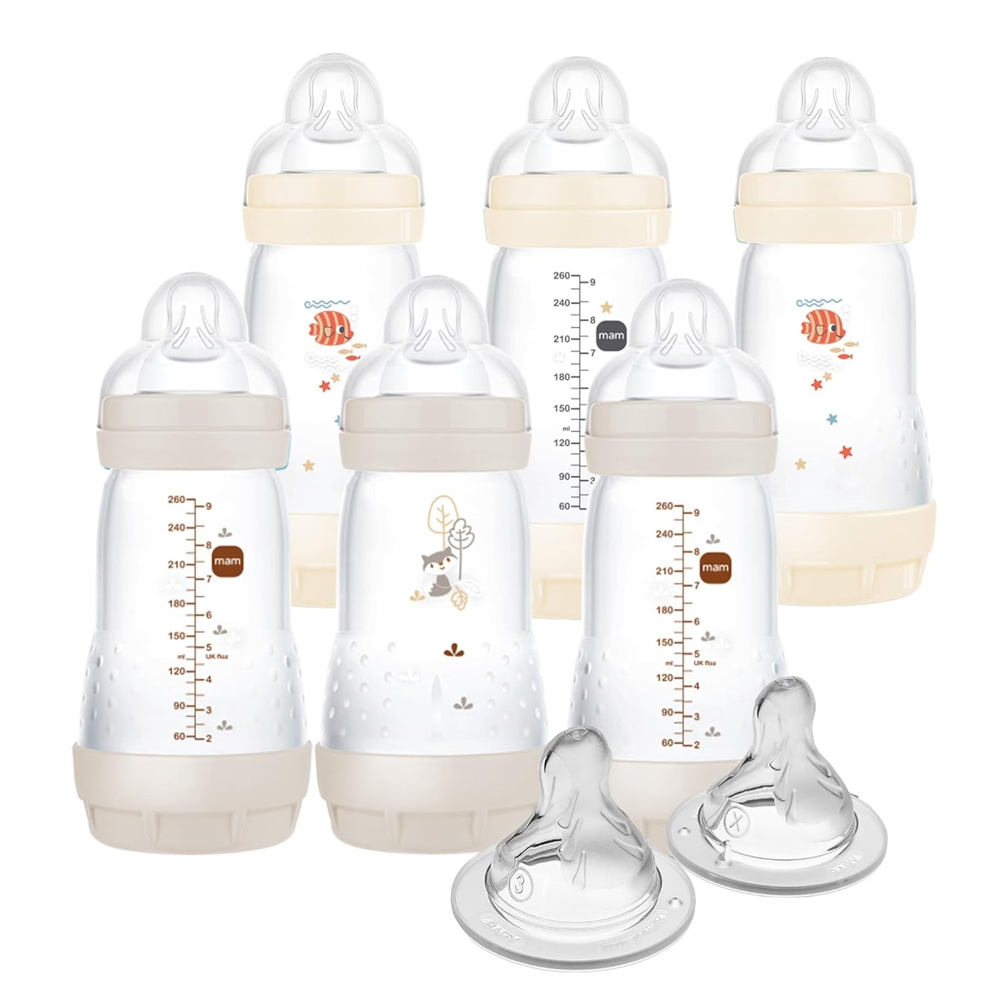 MAM 9oz Easy Start Anti-Colic Baby Bottles, Medium Flow with 2X Bonus Nipples (Fast and Extra Fast Flow), Reduces Colic, Gas, & Reflux, Easy-to-Clean, BPA-Free, 2 Plus Months