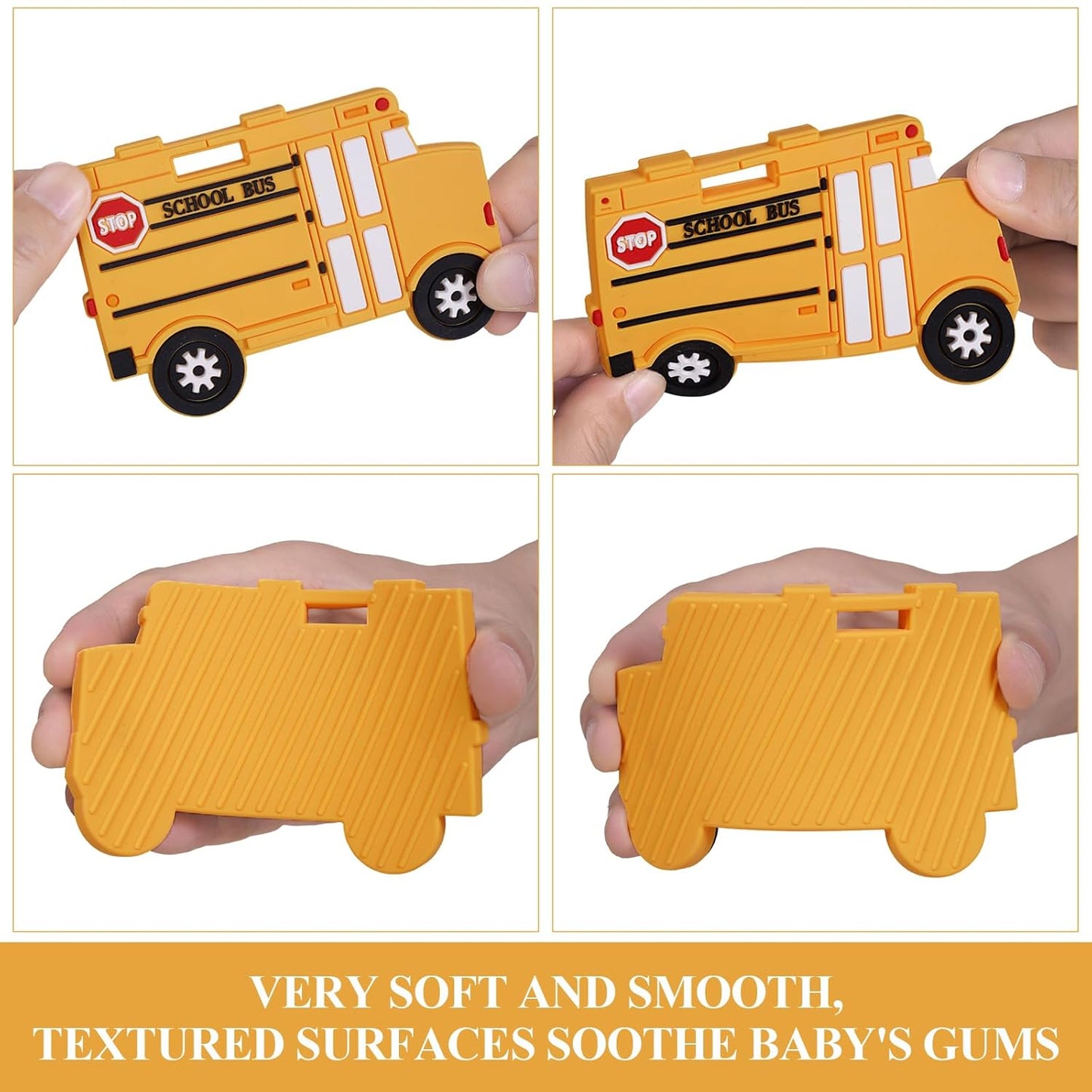 Baby Food Grade Silicone Carrier Vehicle Teether Toy with Pacifier Clip Holder,Teething Toys Gift Set for 3 Months+ Boys and Girls,Freezer Safe,BPA Free.(School Bus)