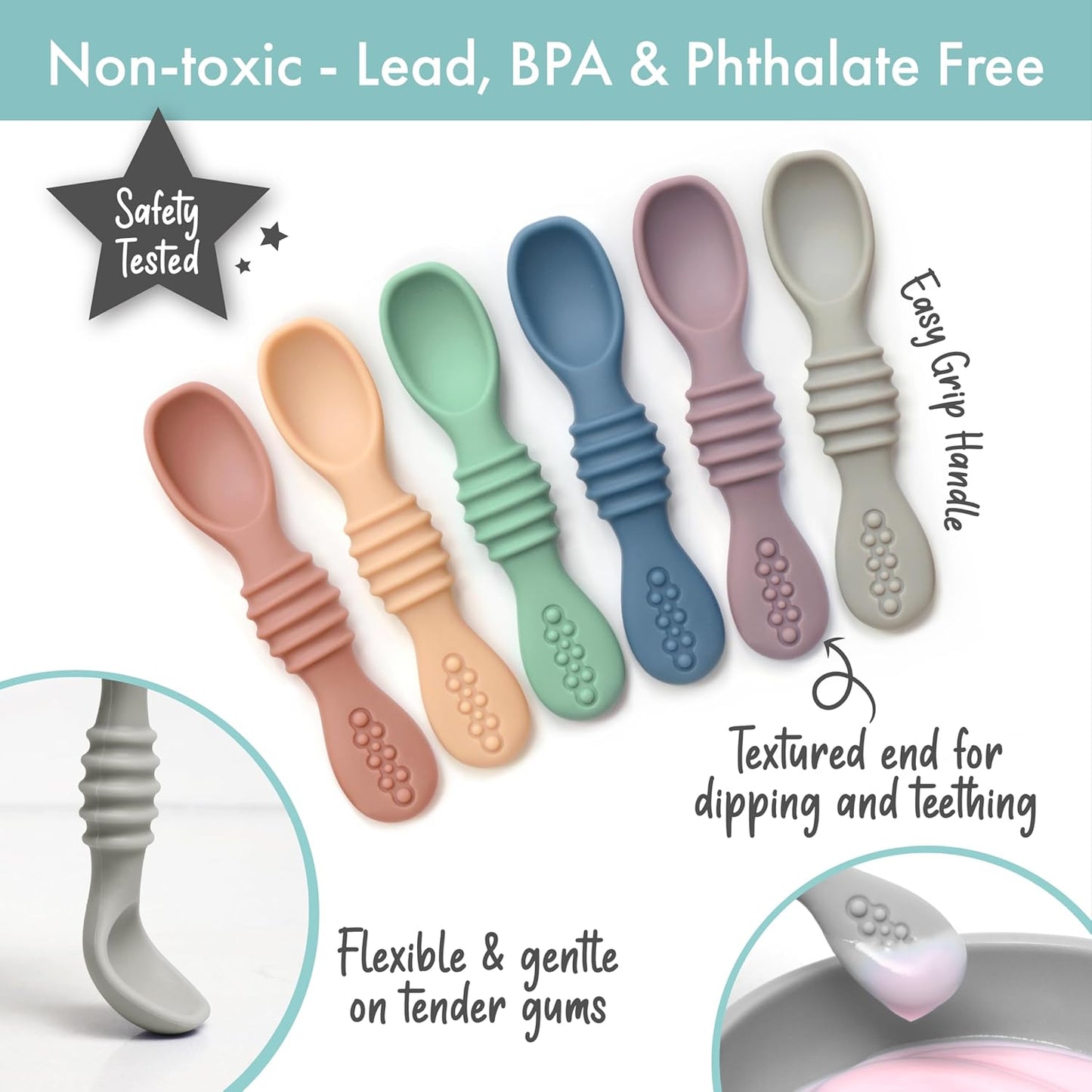 PrimaStella Silicone Chew Spoon Set for Babies and Toddlers - Safety Tested - BPA Free - Microwave, Dishwasher and Freezer Safe - Earth Shades