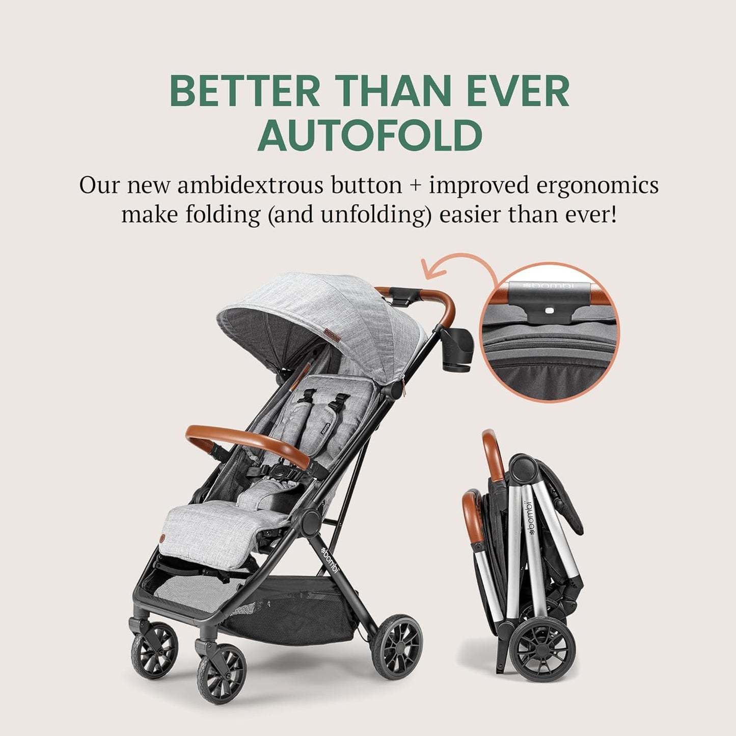 Bombi Bēbee V2 Lightweight Baby Stroller - Premium Vegan Leather, One-Hand Fold, Infinite Recline, Aircraft-Grade Aluminum Frame, XXL Canopy, and Ample Storage Umbrella Stroller - Stone Gray