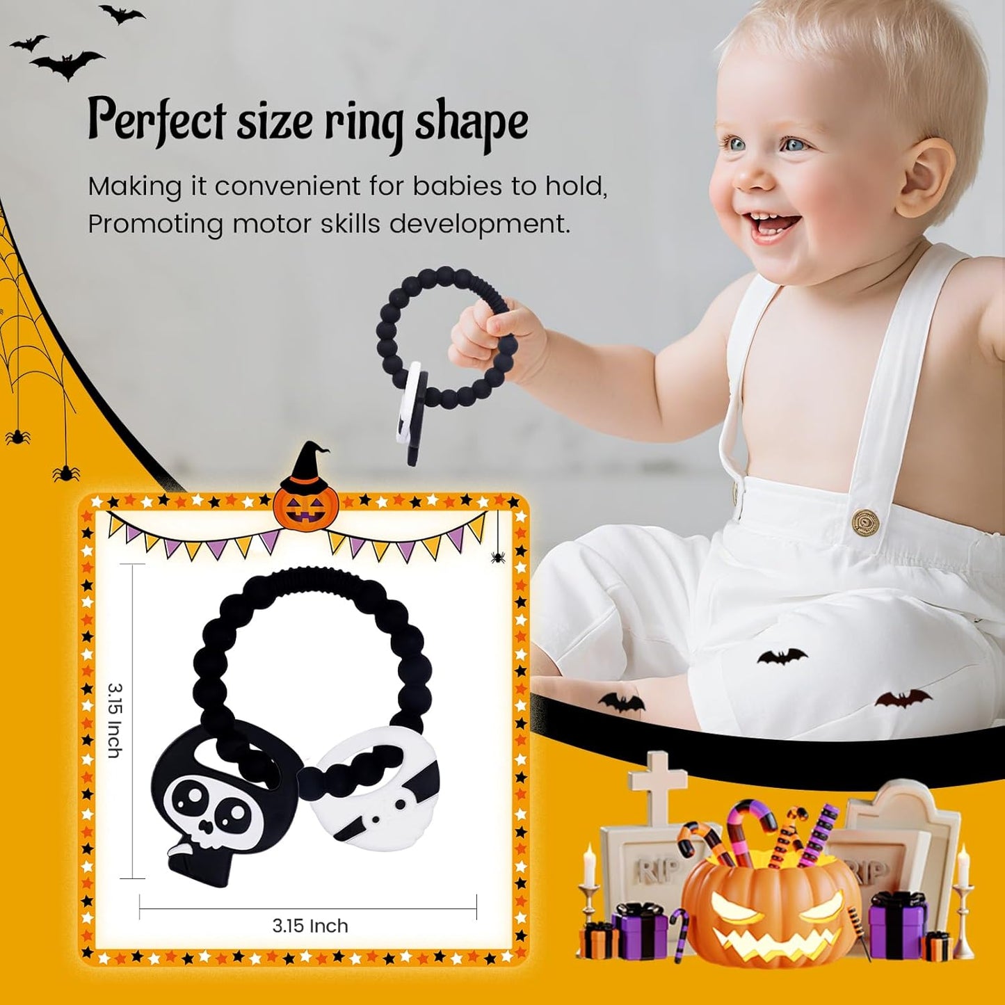 Baby Silicone Teether Ring Toy,Food Grade Silicone Chew Toys for 0-6,6-12,12-18 Months Newborns,Infants,Toddlers Teething Relief,Safe and Soft,BPA Free,Baby Essentials. (Halloween Skull)
