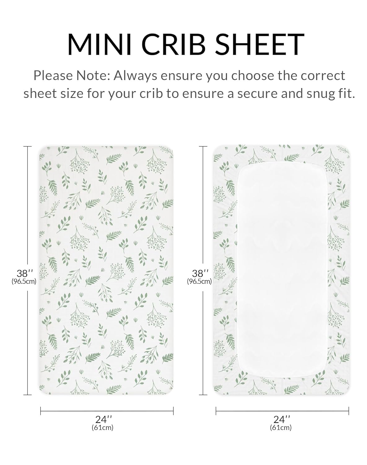 Mini Crib Sheets for Baby Boy Girl 2 Pack, Neutral Mini Crib Mattress Sheet 24" x 38", Muslin Nursery Bedding Soft and Breathable Comfort (Fern Leaf & Sage)