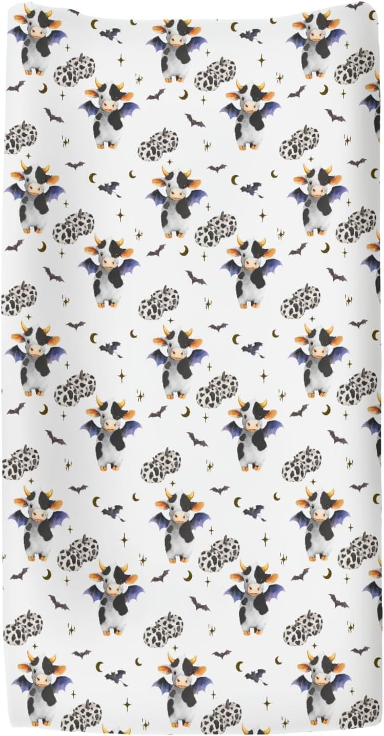 Halloween Cow Bats Pumpkins Baby Changing Pad Covers for Boy Girl Cute Cows Moon Stars Fitted Change Table Pad Covers Mats Spooky Farm Animal Soft Diaper Change Table Cover Sheets 32''×16''