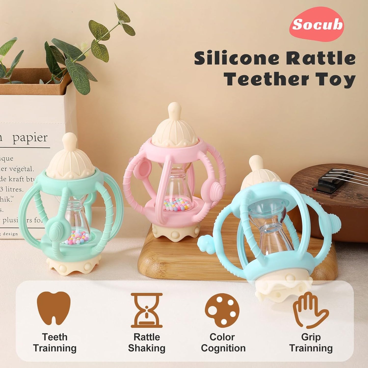 Socub Baby Rattle Teether Toys for 0-12 Months, 2-in-1 Sensory Hand Grasp Shaker with Soft Silicone Teething Ball & Pacifier, BPA Free Chew Toy for 6-12 Months, Newborn Gift for Boys and Girls (Pink)