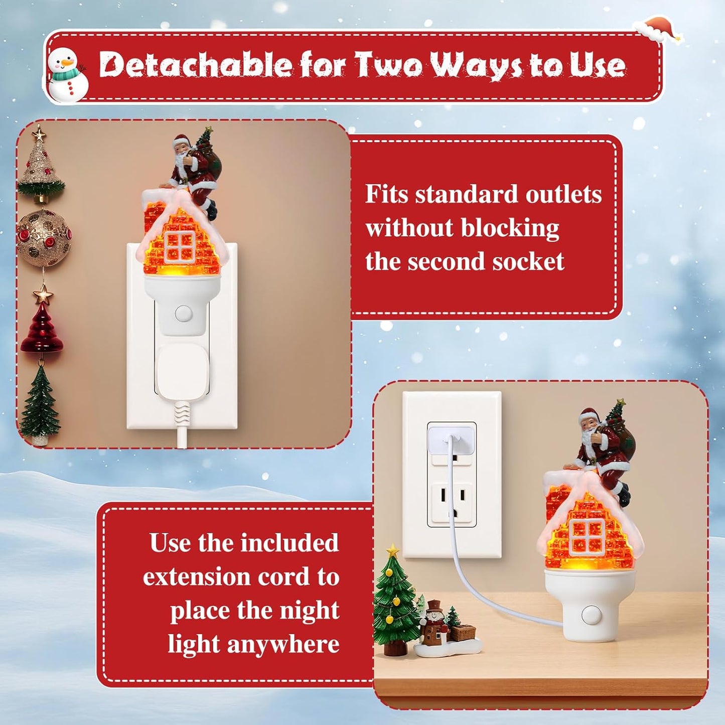 2 Pack Christmas Santa Night Light Plug into Wall Glitter Water Nightlight with USB/Outlet Options, Christmas Decorative Nightlight for Bedroom Kitchen Hallway Holiday Decorations Gifts (Santa)