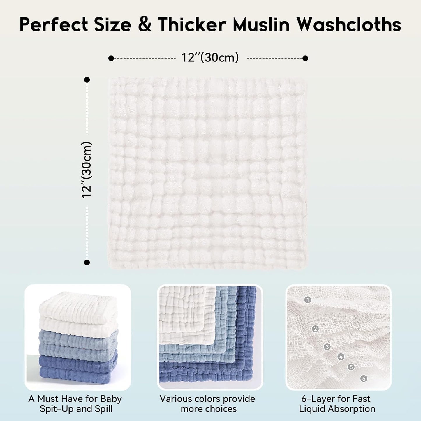 Muslin Baby Washcloths 6 Pack, 100% Cotton Wash Cloths for Babies, Large 12''X12'' Burp Cloths Absorbent and Soft for Newborn Infants Kids Boys Girls - Gradient Blue