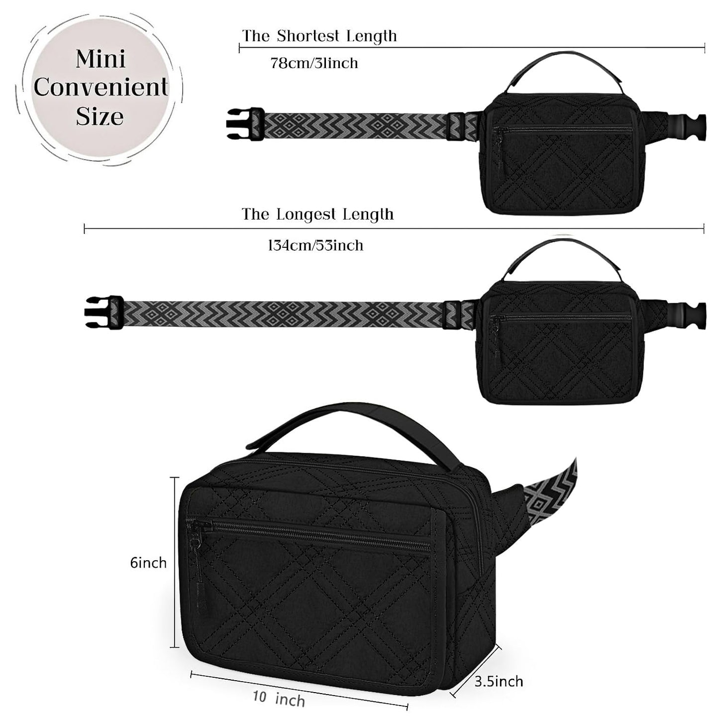 Small Diaper Bag with Portable Changing Pad, Mini Crossbody Diaper FannyPack with Wipes Pocket, Women Waist Bag for Travel (Quilted Black, Large)