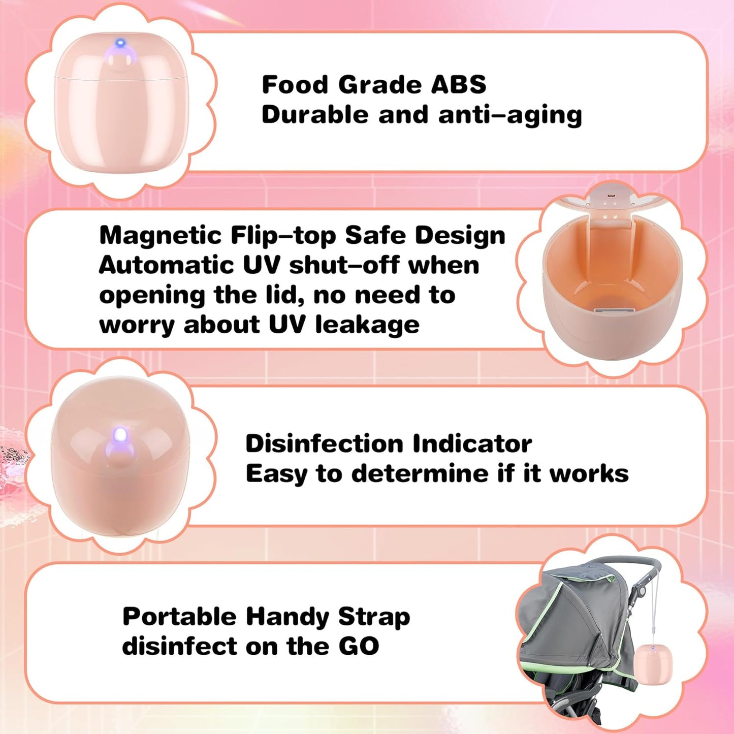 Qualirey Portable Pacifier Disinfection, Mini UV Light Disinfection, 99.99% Disinfection in 3 Mins, USB Rechargeable, Mini UVC Disinfection Box for Baby Pacifier, Bottle Nipples, Teethers (Pink)