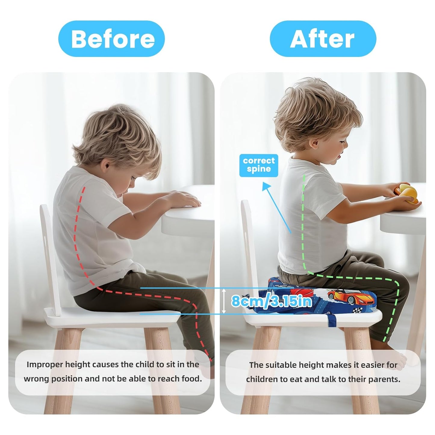 Toddler Booster Seat for Dining Table, Kids Booster Seat for Kitchen Chair with Non-Slip Bottom, Portable Detachable Washable Increasing Cushion with 2 Adjustable Straps (Racing car)
