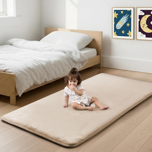 1.3" Thick Baby Bedside Floor Mat for Bedroom, Basic Padded Foam Soft Plush 2x6 Runner Rug with Non Slip Cushioned for Nursery Playroom (Beige)