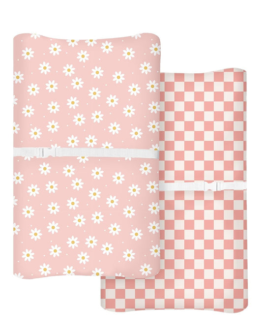Changing Pad Cover for Baby Boys Girls 2 Pack, Fits Standard 32”×16” Changing Table Pads, Silky Breathable Stretch Knit, Machine Washable (Daisy Check)