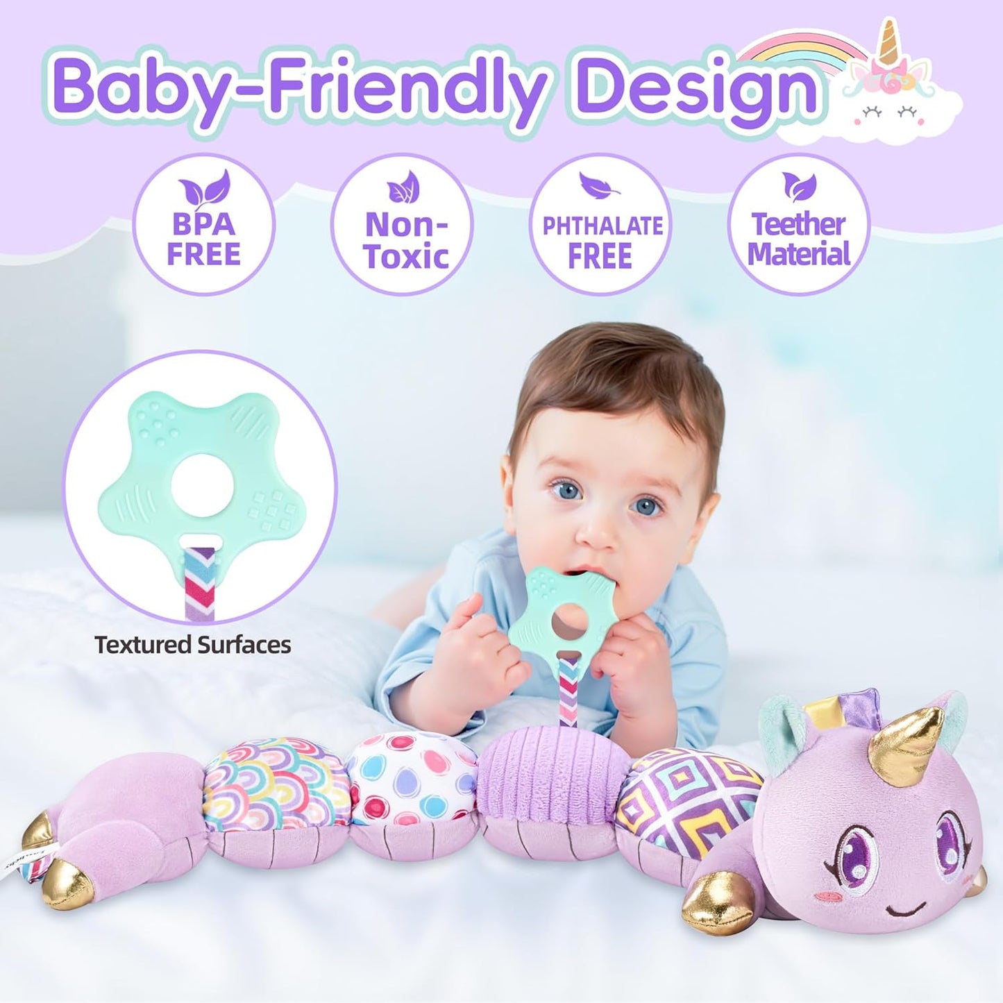 Unicorn Baby Toys 6-12 Months Infant Musical Stuffed Toys for Newborn Tummy Time Sensory Toys for Babies with Crinkle and Rattle 0-3-6-12 Months Old Baby Girl Must Have Christmas Gifts - Purple