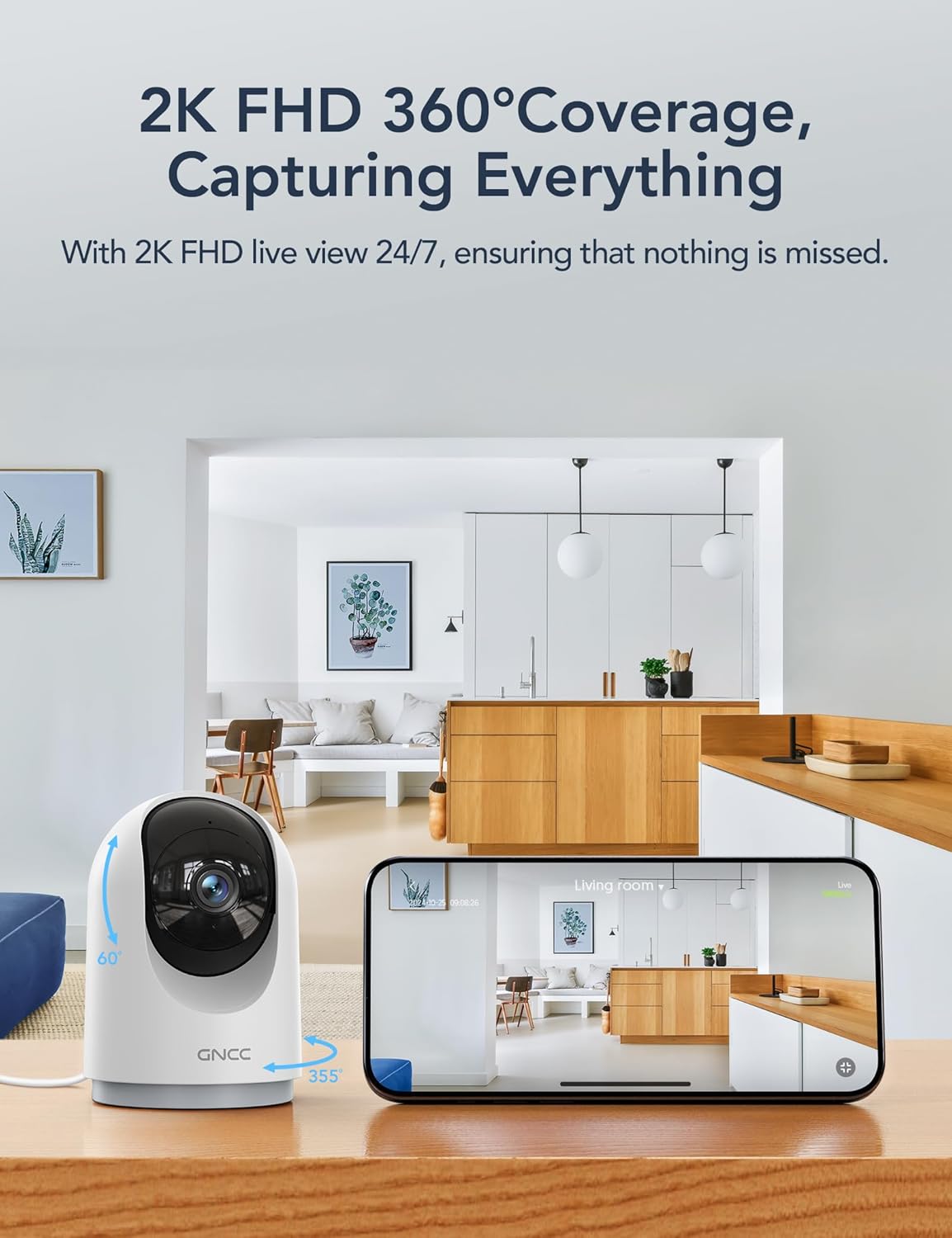 GNCC 2K Cameras for Home Security-Indoor Pan/Tilt Cameras for Baby Monitor/Pet Camera with Phone App, Night Vision, Motion Detection, 2-Way Audio, 24/7 SD Recordings, 2.4Ghz WiFi (4Pack)