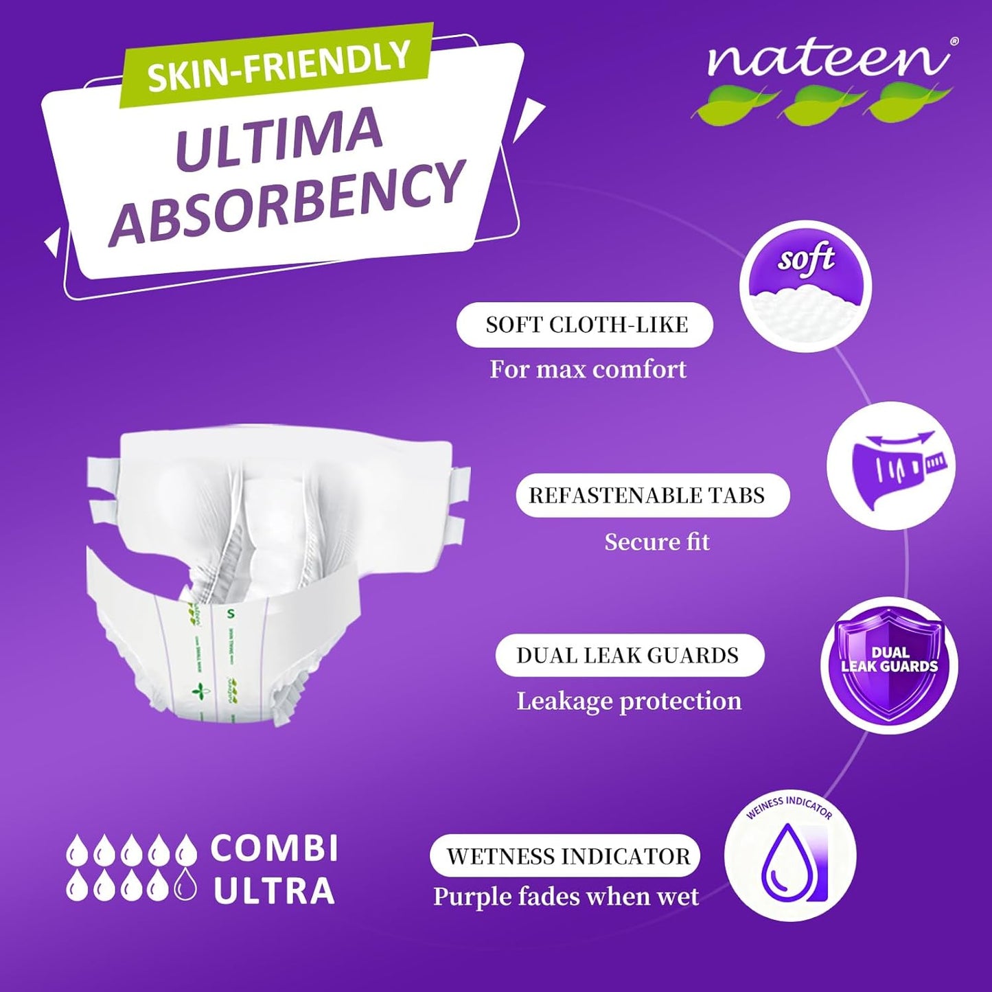 Nateen Combi Ultra Adult Diapers with Tabs for Women and Men, Ultimate Absorbency Protective Incontinence Briefs, Heavy Duty, Leakproof and Skin-Friendly Incontinence Underwear.Extra-Large, 10Count