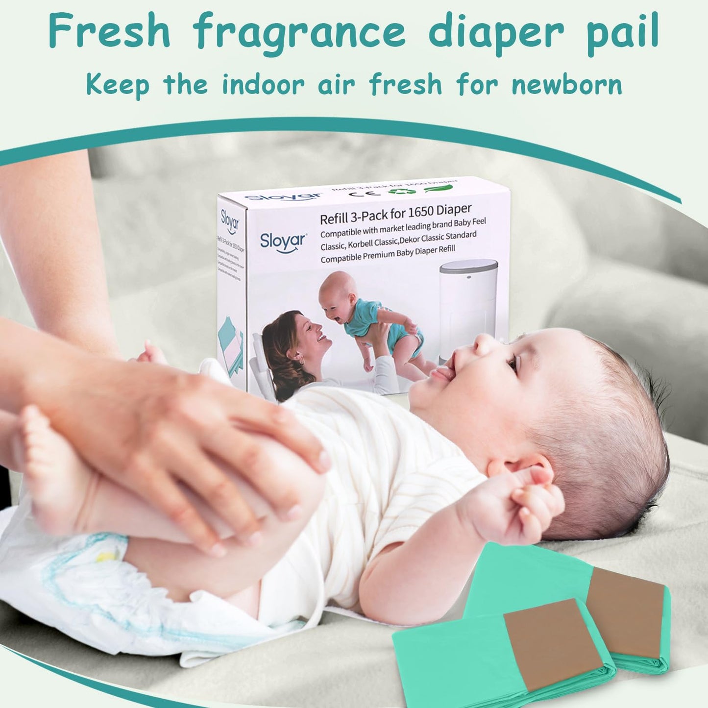 Refill Diaper Pail Bags Compatible with Dekor Classic Diaper Pails | 3 Pack | Diaper Pail Refills with Powerful Odor Elimination | Baby Powder Fragrance | Holds up to 1650 Diapers.
