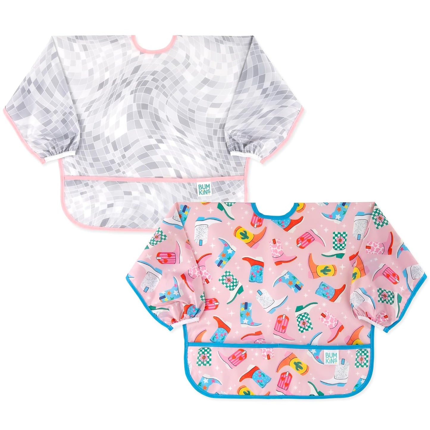 Bumkins Sleeved Baby Bib – Long Sleeve Waterproof Fabric Feeding Smock with Crumb Catcher Pocket, Adjustable Toddler Apron for Baby Led Weaning, Comfortable for Ages 6–24 Months, Cowgirl Boots 2-pack