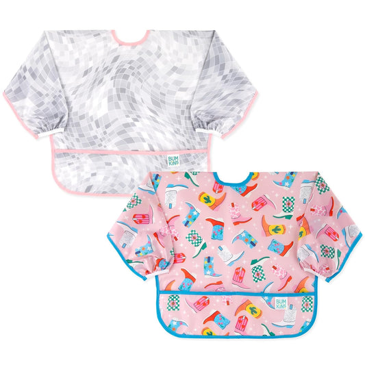 Bumkins Sleeved Baby Bib – Long Sleeve Waterproof Fabric Feeding Smock with Crumb Catcher Pocket, Adjustable Toddler Apron for Baby Led Weaning, Comfortable for Ages 6–24 Months, Cowgirl Boots 2-pack