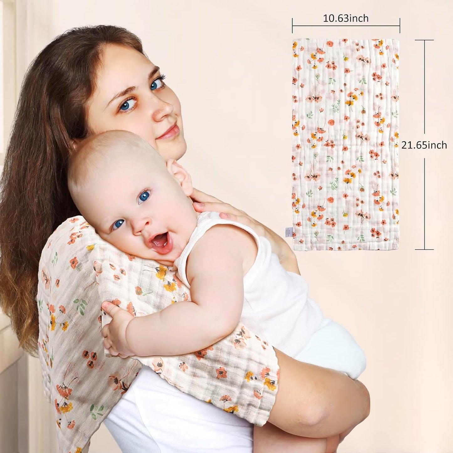 Viviland Baby Muslin Burp Cloths, 100% Cotton Super Absorbent Washcloths for Baby Girl and Boy, 10 x 20 inches 6-Layer Baby Bath Towels, Floral Pattern 4 Pack