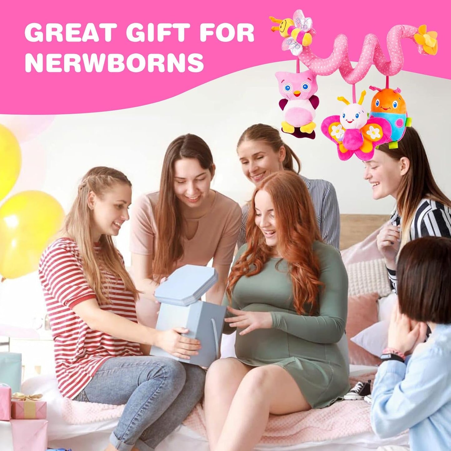 Jollybaby Crib Stroller Car Seat Toys for Baby 0-3-6-9-12 Months, Tummy Time Hanging Sensory Toys for Newborn with Music Box and Teether, Spiral Carseat Toy for Infant Boys Girls Gifts (13-Pink)