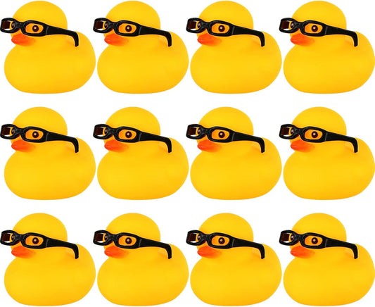 Chivao 12 Pcs Rubber Ducks with 12 Sunglasses/ Hats/ Headwear Small Mini Carnival Cruise Birthday Rubber Duckies Bathtub Toys in Bulk(Duck with Glasses,Yellow)