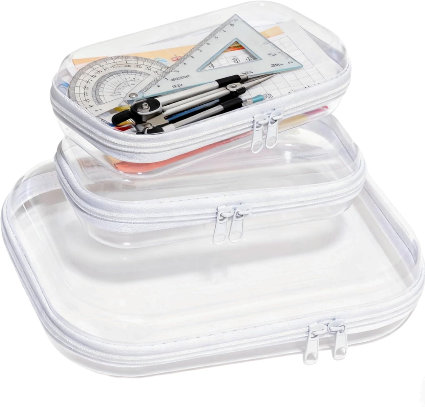 3PCS Clear Hard Plastic Zipper Case, Double Zippers Hard Pouch, Portable Travel Organizer Bin Clear Makeup Bag for Toy Storage, Snack Bag, Cosmetics, Pencil Case, Diaper Bag, Toiletry Bag