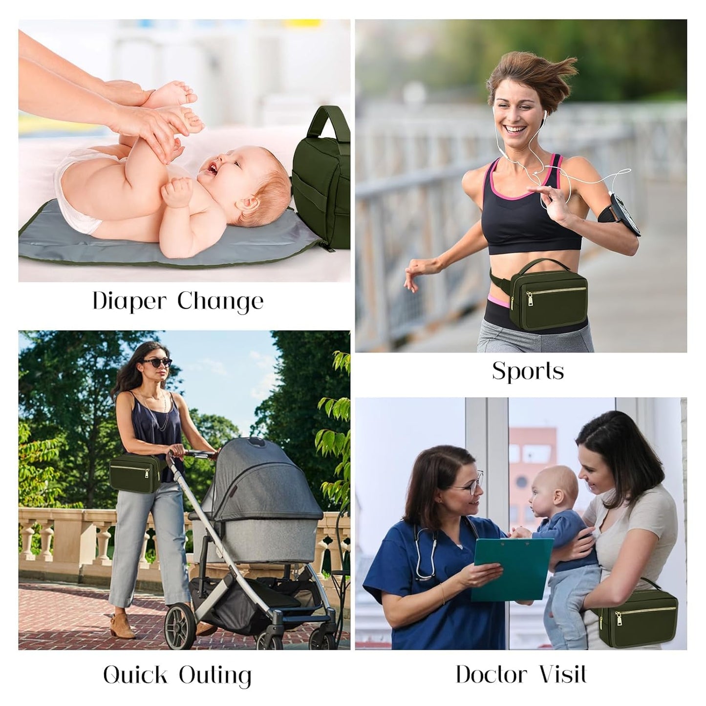 printe Small Diaper Bag with Portable Changing Pad, Crossbody Diaper Pack with Wipes Pocket, Women Waist Bag for Travel (Olive Green, Large)