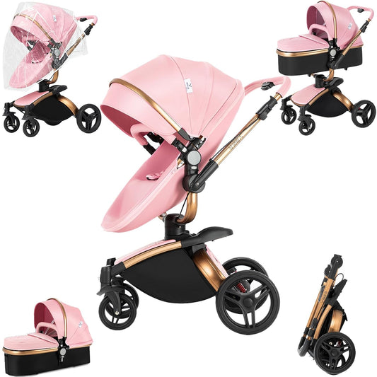 PU Leather 2 in 1 Baby Stroller with 360° Rotatable Seat, Convertible Pram, Reversible Standard Stroller, Portable Infant Carriage, Foldable High Landscape Pushchair Toddler Newborn (HR005-Pink)