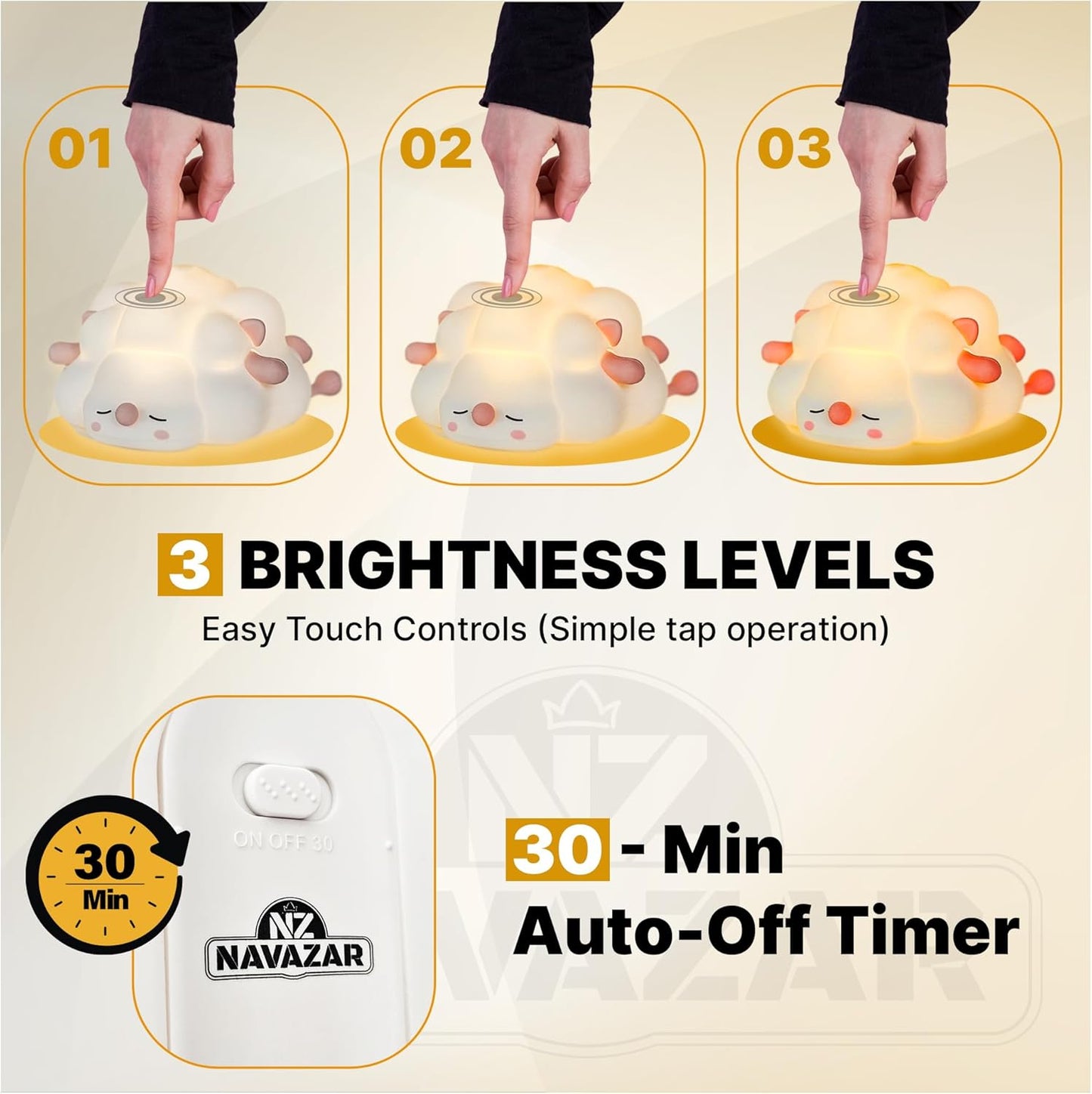 Rechargeable LED Night Light, Soft Silicone Touch Lamp with 3-Level Dimming, 30-Min Timer, Squishy BPA-Free Design, Perfect for Breastfeeding, Nursery, and Baby Room Decor (Sheep)