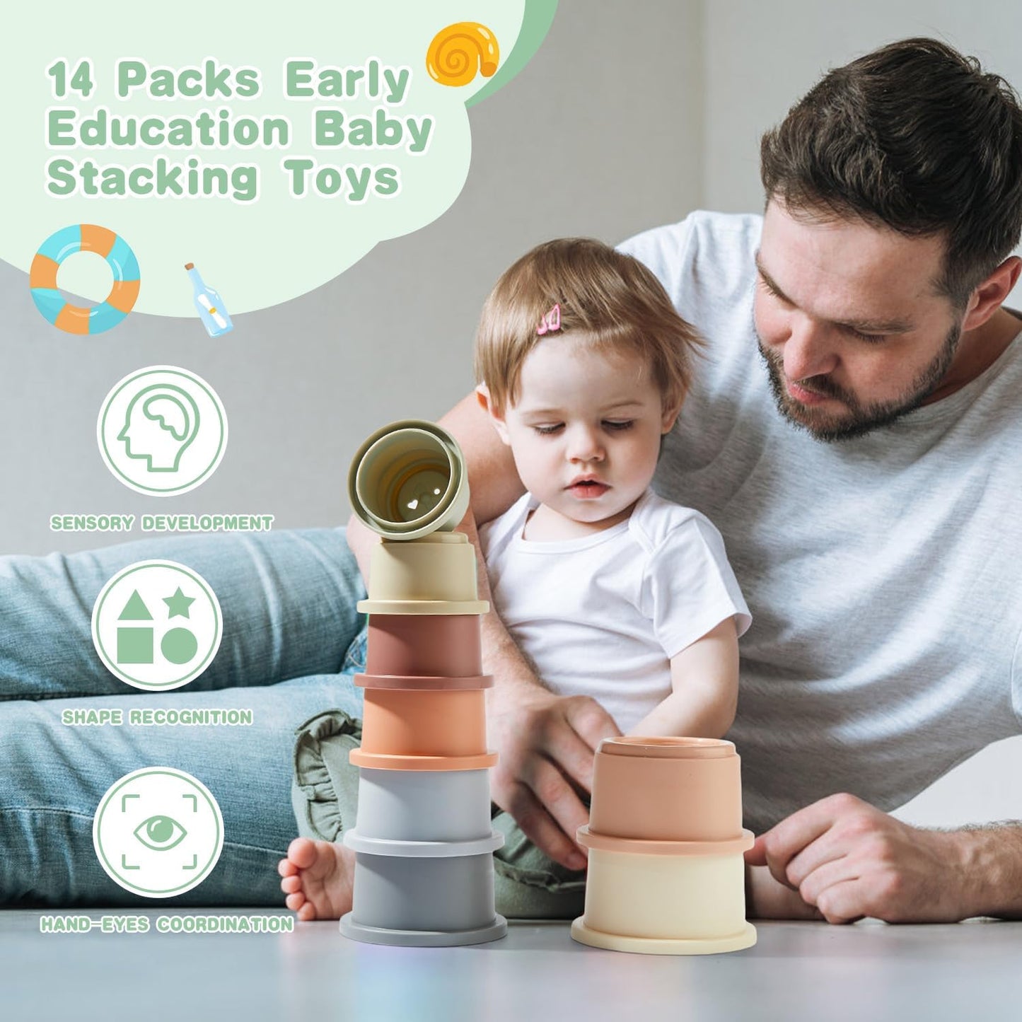 Baby Bath Toys for Kids Ages 1-3, 14 PCS Mold Free Bath Toys for Toddler with Stacking Cups & Bath Spoons, Bathtub Water Toys for Babies 6-12 Months Early Learning Educational Gifts