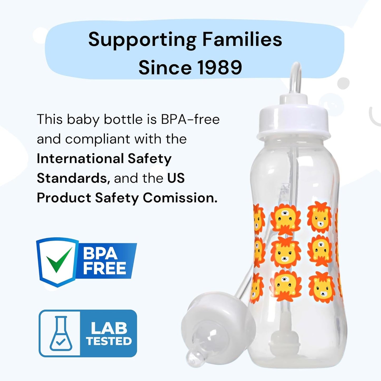 Hands-Free Baby Bottle - Anti-Colic Nursing System 9 oz Baby Bottle with Fast Flow Nipple/Teat 3m+ Infant with Tube Straw Feeding System for Toddler (2 Bottles - Lion)