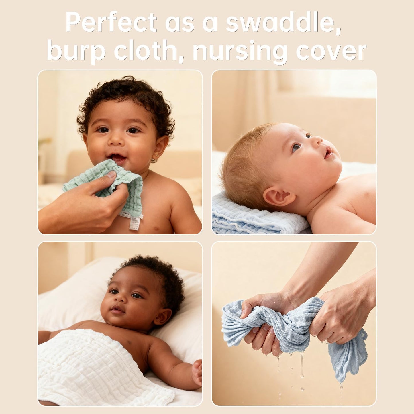 Organic Muslin Baby Washcloths 6 Pack Baby Bath Face Towel 12x12 Inch Extra Absorbent and Soft Burp Cloth and Wash Cloths for Newborn-Infants On Sensitive Skin (White Blue Green)