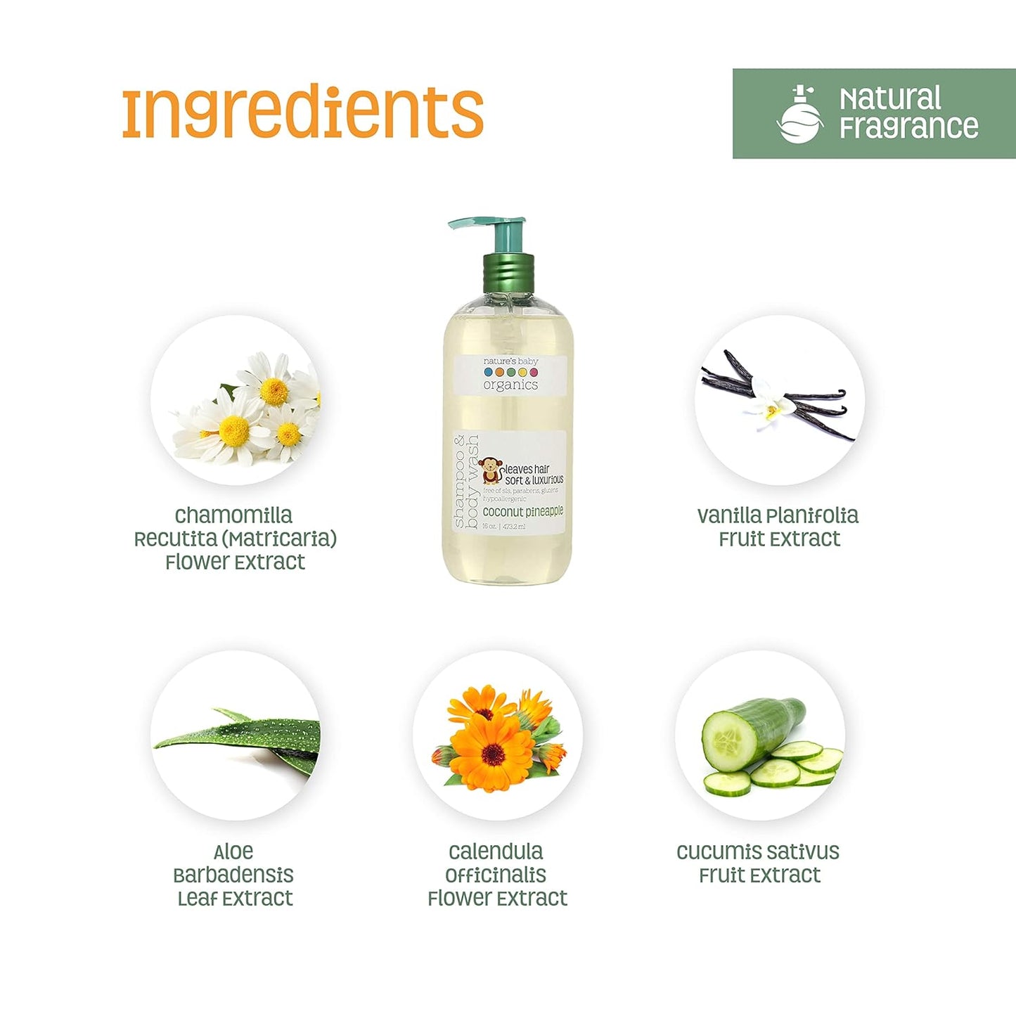 Nature's Baby Baby Shampoo, Face & Body Wash, Formulated for Problem and Sensitive Skin, pH Neutral & Tear Free, No Sulfate or Artificial Fragrances, Coconut Pineapple, 16 oz ea, 2 Pack