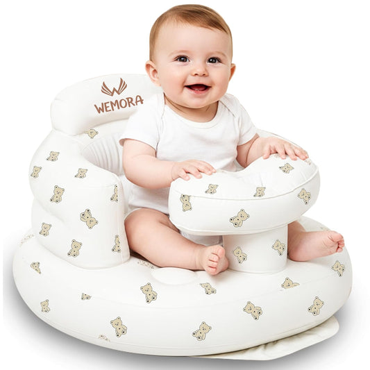 Inflatable Baby Seat for Babies 3-36 Months Blow Up Chair for Babies Infants Toddler Floor Sitting Up with Built in Air Pump (White, Bear)